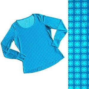 🍀 Lands’ End Women’s Turquoise Blue Geometric Base Layer Long Sleeve Top SMALL